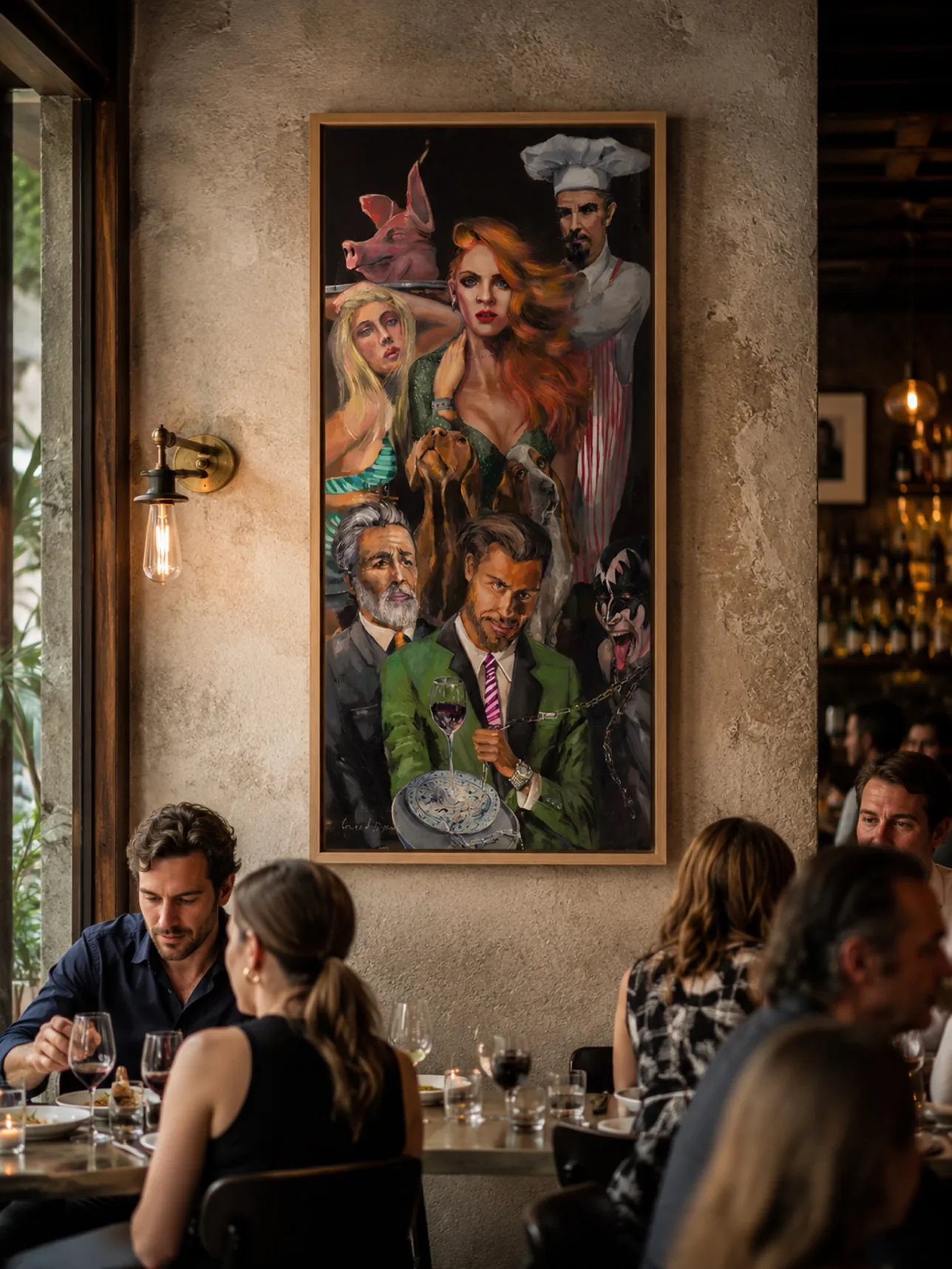 Another Me, 225 × 95cm, hung above the tables in a restaurant dining room.